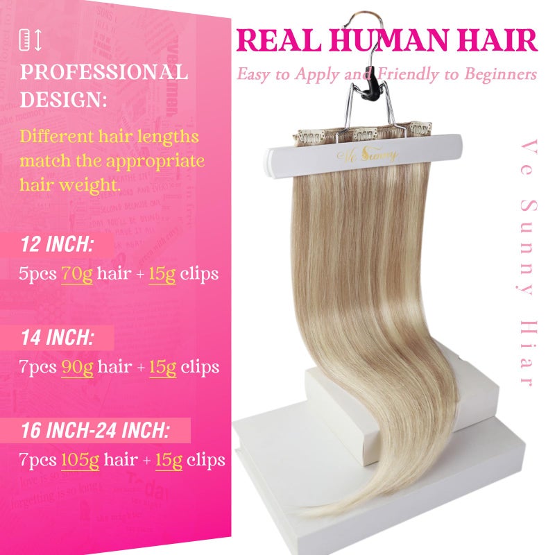 Ve Sunny Real Hair Extensions Clip in Human Hair Full Head Remy Blonde Hair Extensions Clip in Highlight Extension for Women Warm Color 7pcs 120g 18inch - Image 2